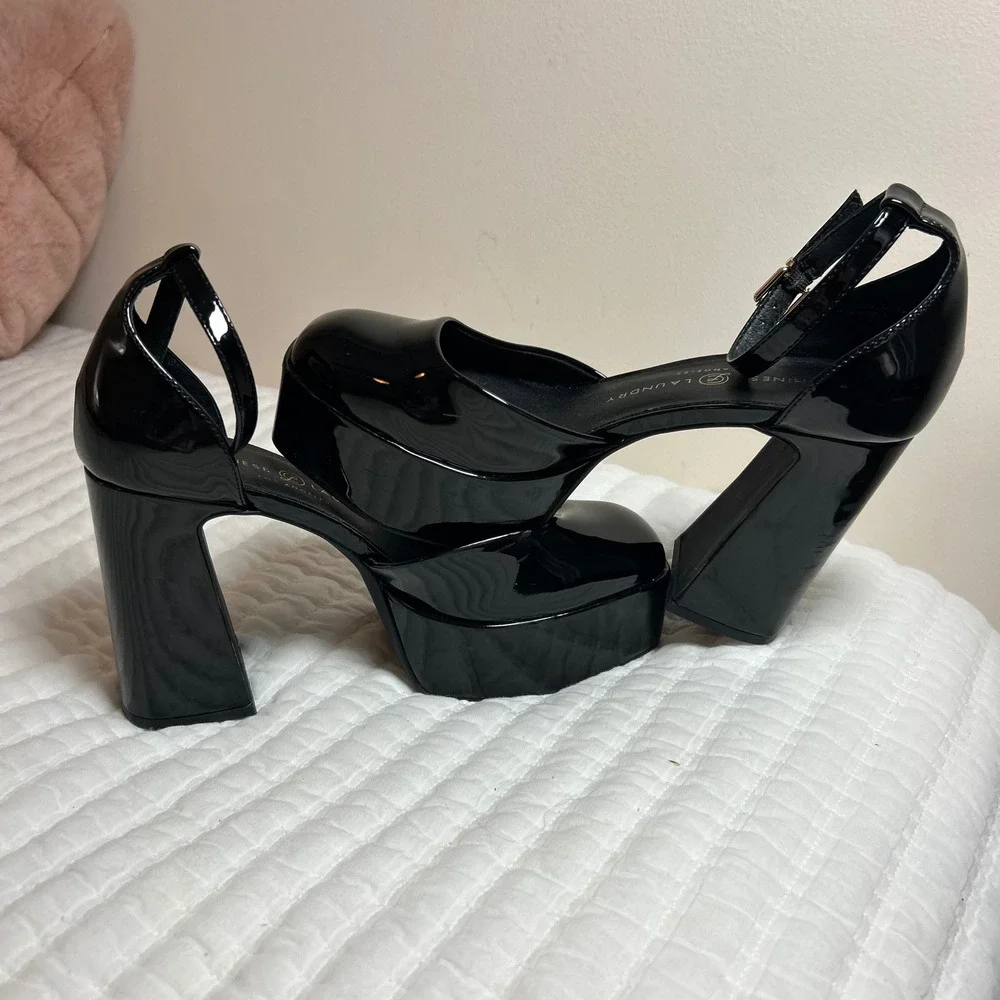 Chinese Laundry Black Patent Platform Pumps‎ Square Toe Block Heel Womens 7
